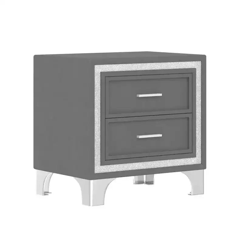 Comodino Mid-Century con 2 Cassetti, Decorazione a Strisce Argento e Gambe in Metallo, 40,4 cm L x 55,4 cm P x 55,1 cm H - Grigio