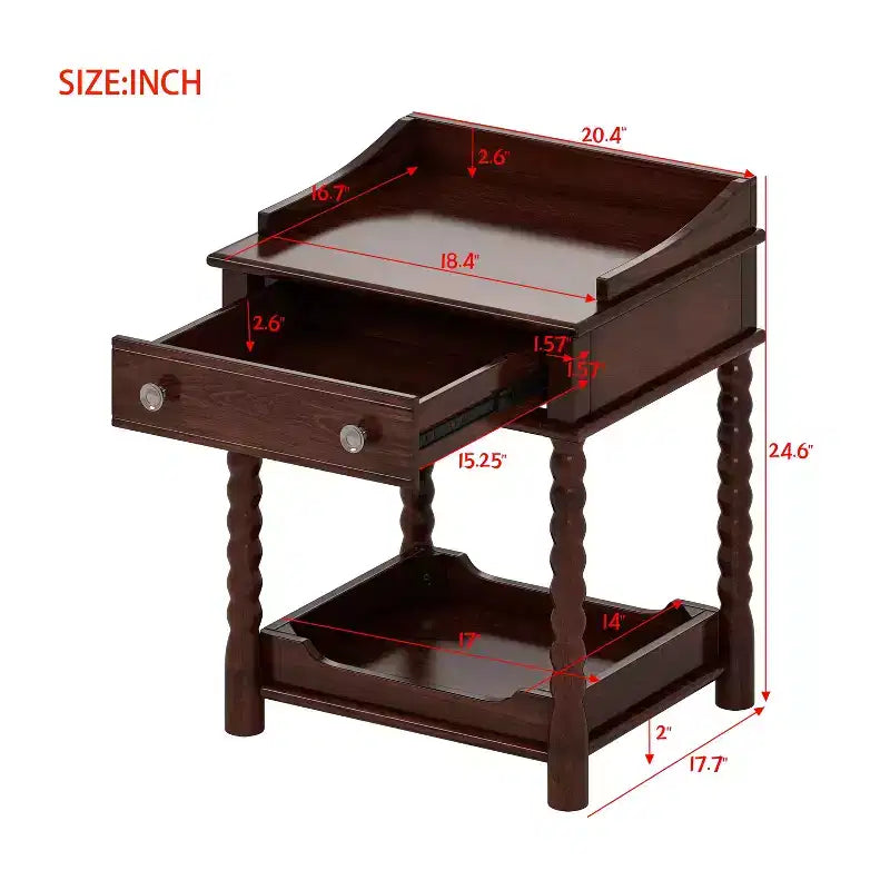 Comodino in stile retrò con cassetto, ripiano aperto, gambe tornite e maniglia in metallo, 45 cm L x 52 cm P x 62,5 cm H