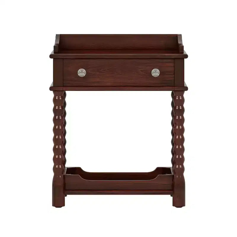 Comodino in stile retrò con cassetto, ripiano aperto, gambe tornite e maniglia in metallo, 45 cm L x 52 cm P x 62,5 cm H