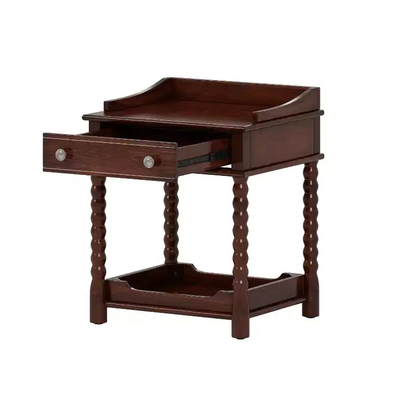 Comodino in stile retrò con cassetto, ripiano aperto, gambe tornite e maniglia in metallo, 45 cm L x 52 cm P x 62,5 cm H