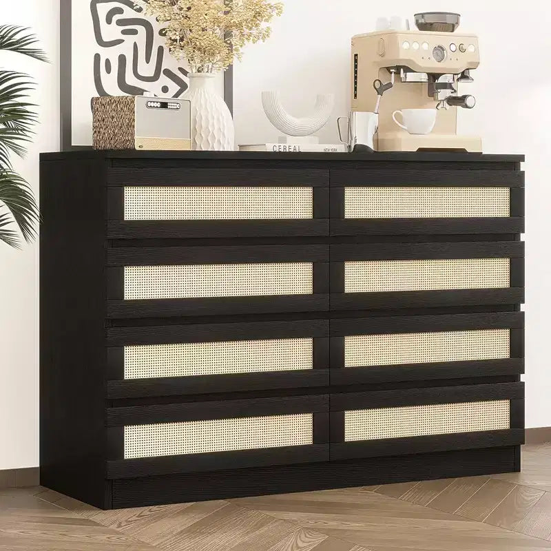 Cassettiera doppia a 8 cassetti con pannelli frontali in rattan per camera da letto, cameretta, soggiorno e ingresso, cassettiera moderna in legno