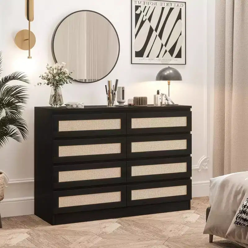 Cassettiera doppia a 8 cassetti con pannelli frontali in rattan per camera da letto, cameretta, soggiorno e ingresso, cassettiera moderna in legno