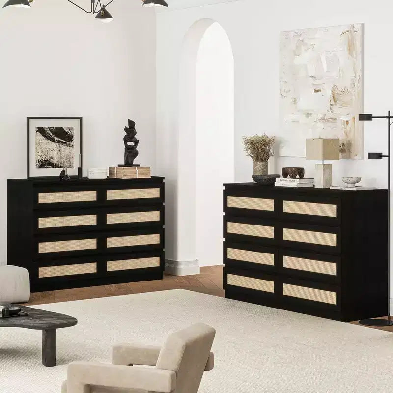 Cassettiera doppia a 8 cassetti con pannelli frontali in rattan per camera da letto, cameretta, soggiorno e ingresso, cassettiera moderna in legno