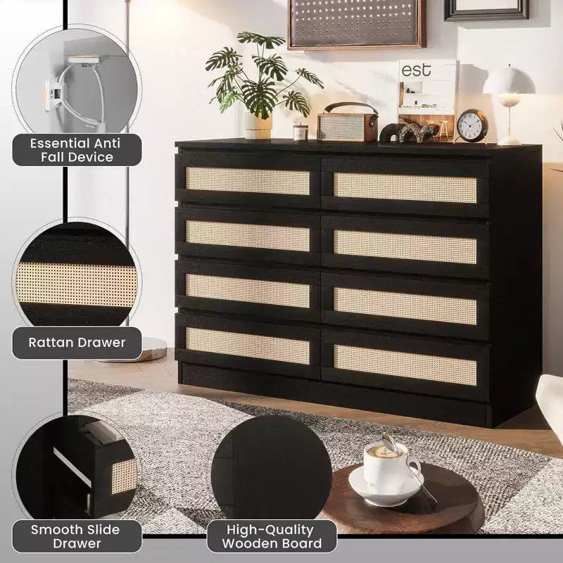 Cassettiera doppia a 8 cassetti con pannelli frontali in rattan per camera da letto, cameretta, soggiorno e ingresso, cassettiera moderna in legno