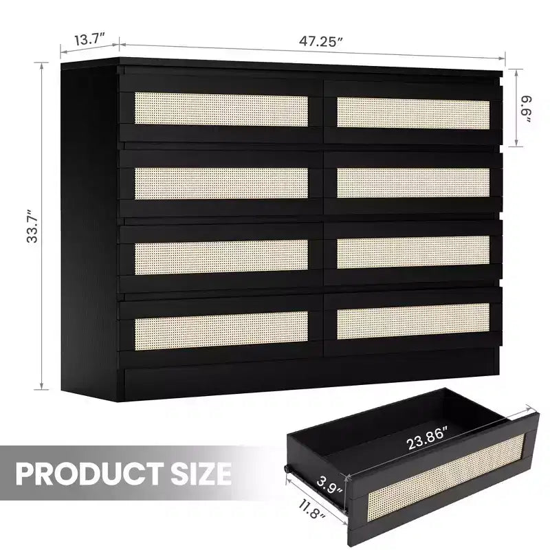 Cassettiera doppia a 8 cassetti con pannelli frontali in rattan per camera da letto, cameretta, soggiorno e ingresso, cassettiera moderna in legno