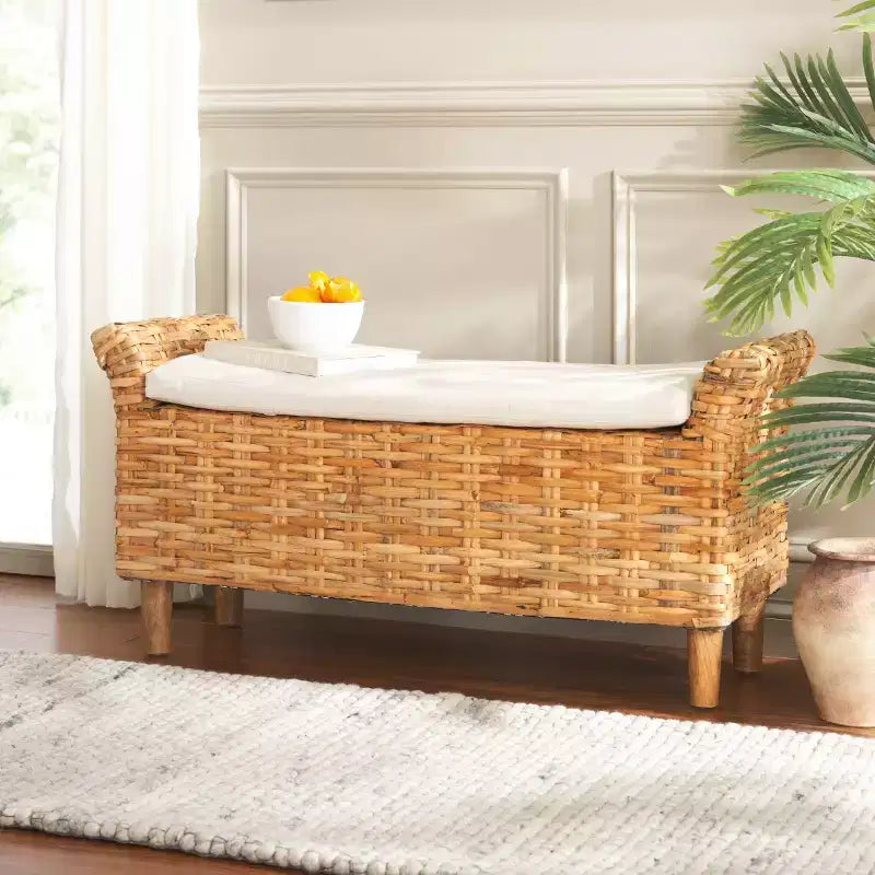 Panca Rivestita in Legno di Mango e Rattan con Cuscino Rimovibile in Cotone, 2 Posti, 111,5 cm L x 37,5 cm P x 53,5 cm H - Bianco e Marrone