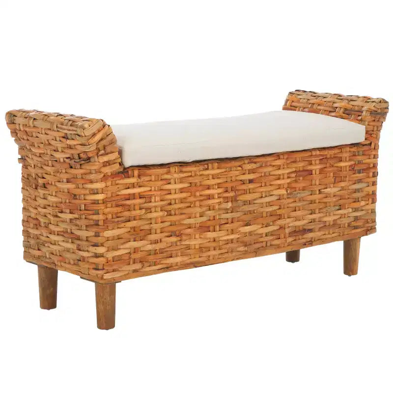 Panca Rivestita in Legno di Mango e Rattan con Cuscino Rimovibile in Cotone, 2 Posti, 111,5 cm L x 37,5 cm P x 53,5 cm H - Bianco e Marrone
