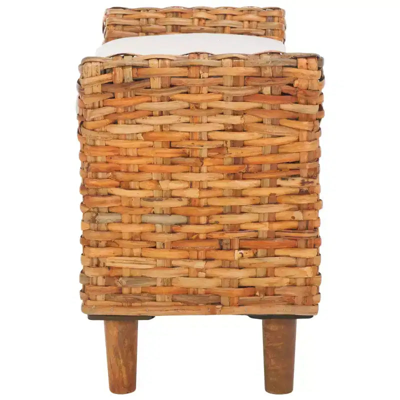 Panca Rivestita in Legno di Mango e Rattan con Cuscino Rimovibile in Cotone, 2 Posti, 111,5 cm L x 37,5 cm P x 53,5 cm H - Bianco e Marrone