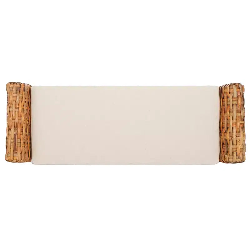Panca Rivestita in Legno di Mango e Rattan con Cuscino Rimovibile in Cotone, 2 Posti, 111,5 cm L x 37,5 cm P x 53,5 cm H - Bianco e Marrone