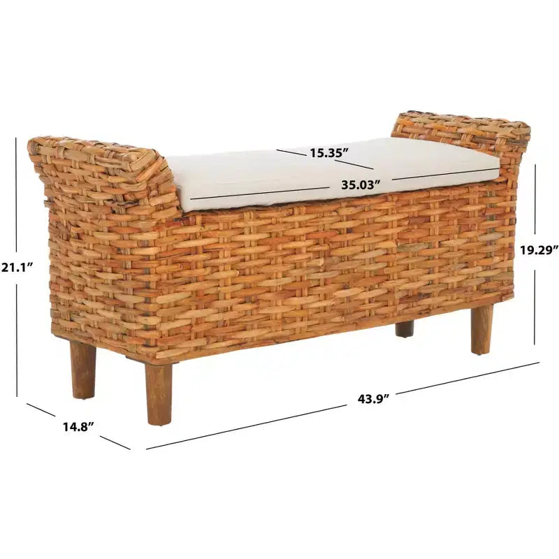 Panca Rivestita in Legno di Mango e Rattan con Cuscino Rimovibile in Cotone, 2 Posti, 111,5 cm L x 37,5 cm P x 53,5 cm H - Bianco e Marrone