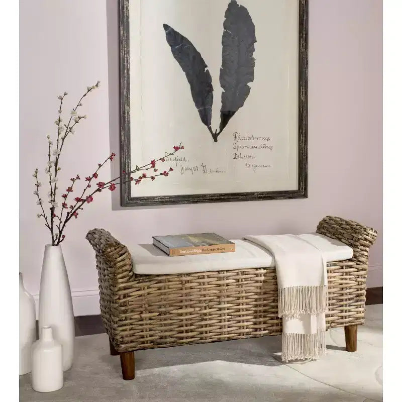 Panca Rivestita in Legno di Mango e Rattan con Cuscino Rimovibile in Cotone, 2 Posti, 111,5 cm L x 37,5 cm P x 53,5 cm H - Bianco e Marrone