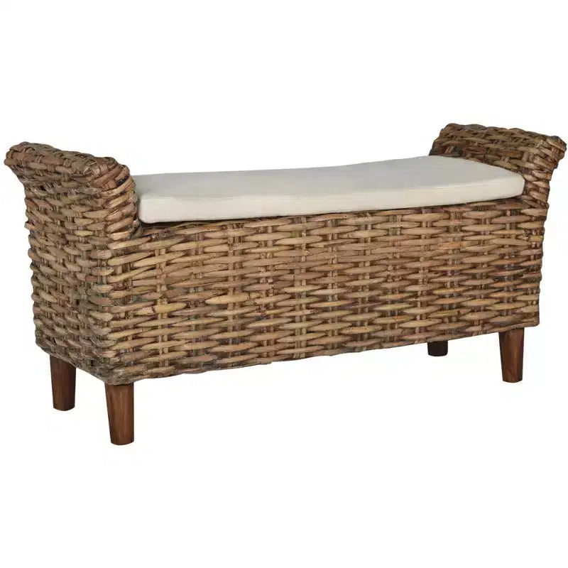 Panca Rivestita in Legno di Mango e Rattan con Cuscino Rimovibile in Cotone, 2 Posti, 111,5 cm L x 37,5 cm P x 53,5 cm H - Bianco e Marrone