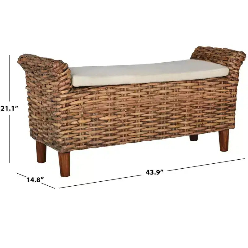 Panca Rivestita in Legno di Mango e Rattan con Cuscino Rimovibile in Cotone, 2 Posti, 111,5 cm L x 37,5 cm P x 53,5 cm H - Bianco e Marrone