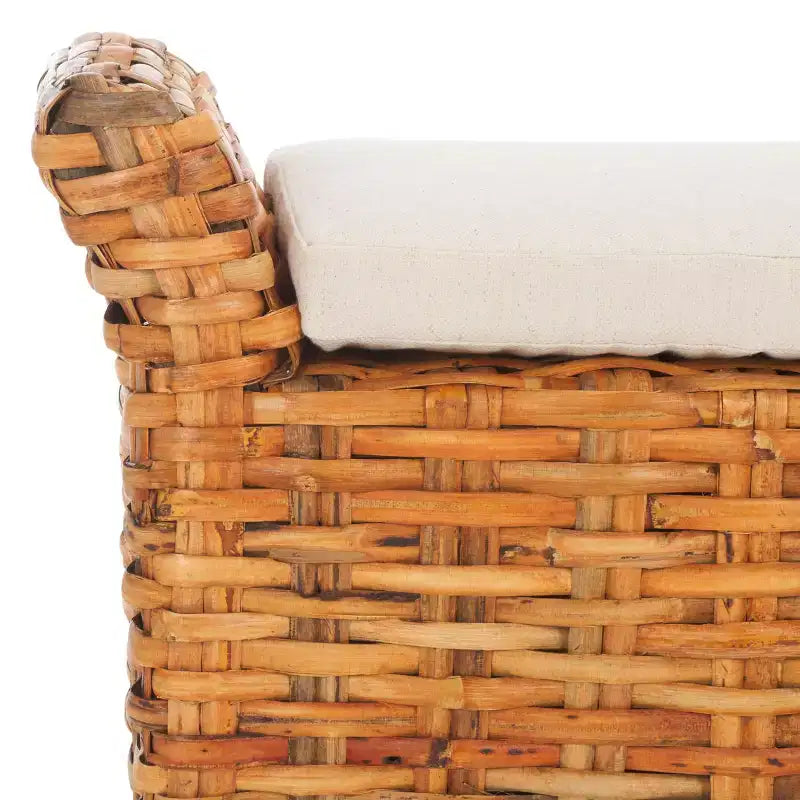 Panca Rivestita in Legno di Mango e Rattan con Cuscino Rimovibile in Cotone, 2 Posti, 111,5 cm L x 37,5 cm P x 53,5 cm H - Bianco e Marrone