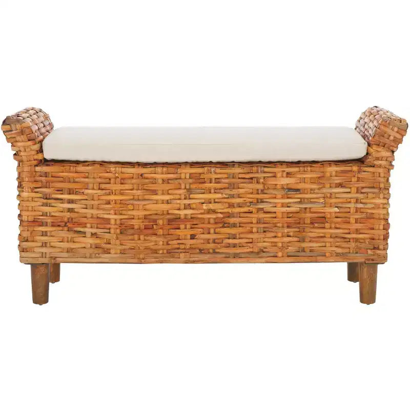 Panca Rivestita in Legno di Mango e Rattan con Cuscino Rimovibile in Cotone, 2 Posti, 111,5 cm L x 37,5 cm P x 53,5 cm H - Bianco e Marrone