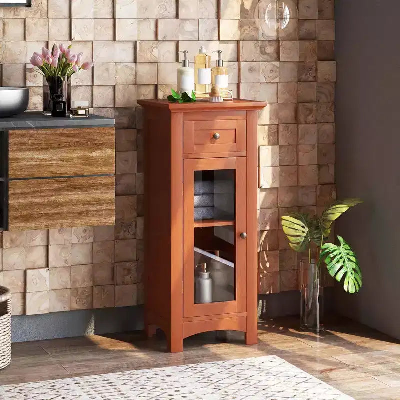 Mobiletto da Bagno a Terra con Anta Singola in Vetro, Cassetto e Ripiano Regolabile - Nero o Marrone