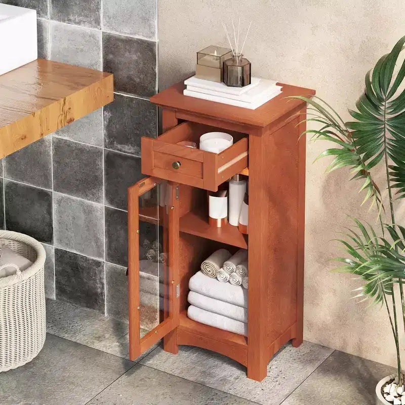 Mobiletto da Bagno a Terra con Anta Singola in Vetro, Cassetto e Ripiano Regolabile - Nero o Marrone