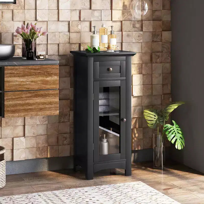 Mobiletto da Bagno a Terra con Anta Singola in Vetro, Cassetto e Ripiano Regolabile - Nero o Marrone