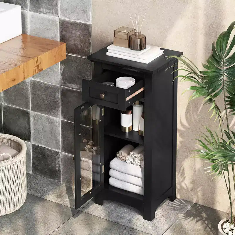 Mobiletto da Bagno a Terra con Anta Singola in Vetro, Cassetto e Ripiano Regolabile - Nero o Marrone