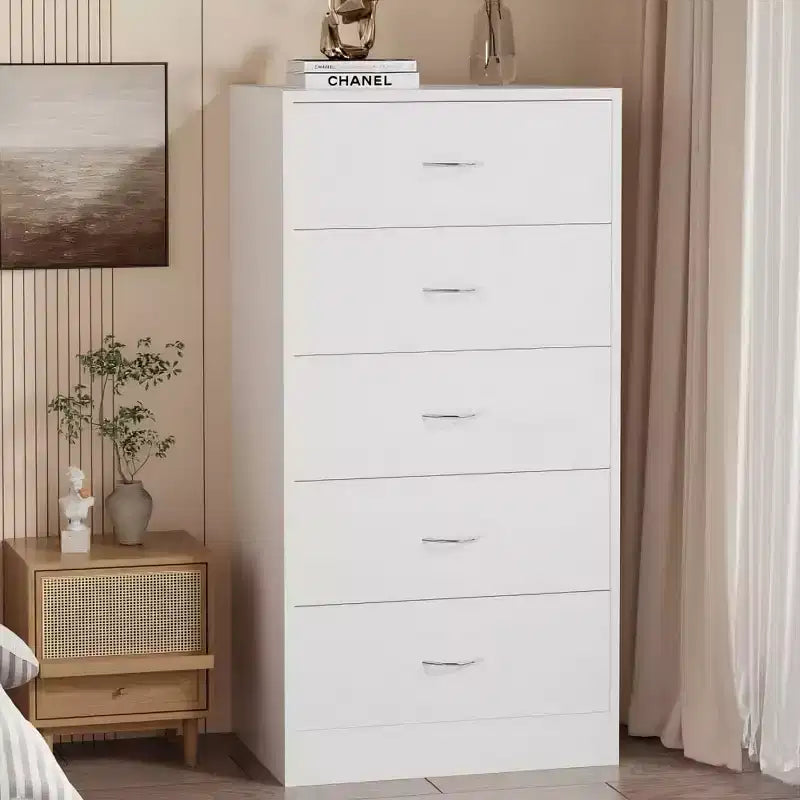 5 Drawer Dresser for Bedroom 49.4 in Tall Wood Chest of Drawers with Metal Handles White